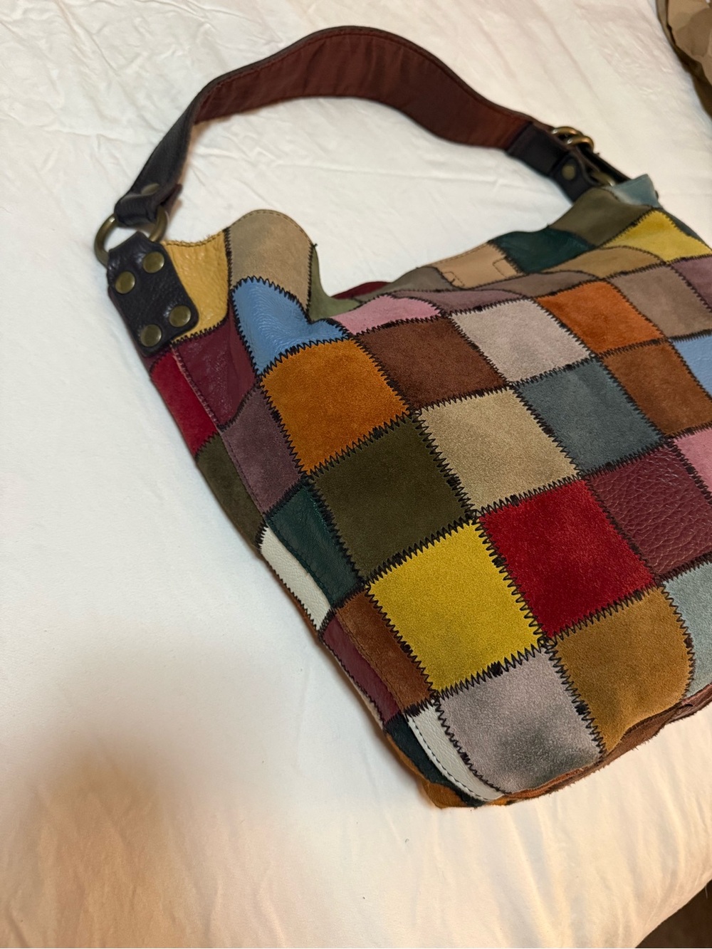 Rare Ugly Betty Y2K Lucky Brand Leather Suede Patchwork Hobo Bag - Seen on TV - Picture 4 of 12